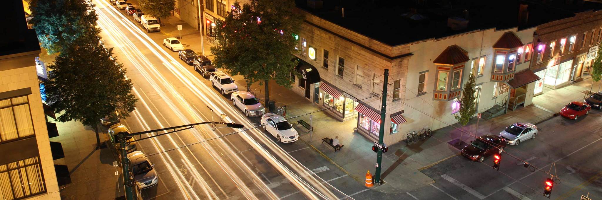 Downtown Bloomington street at night
