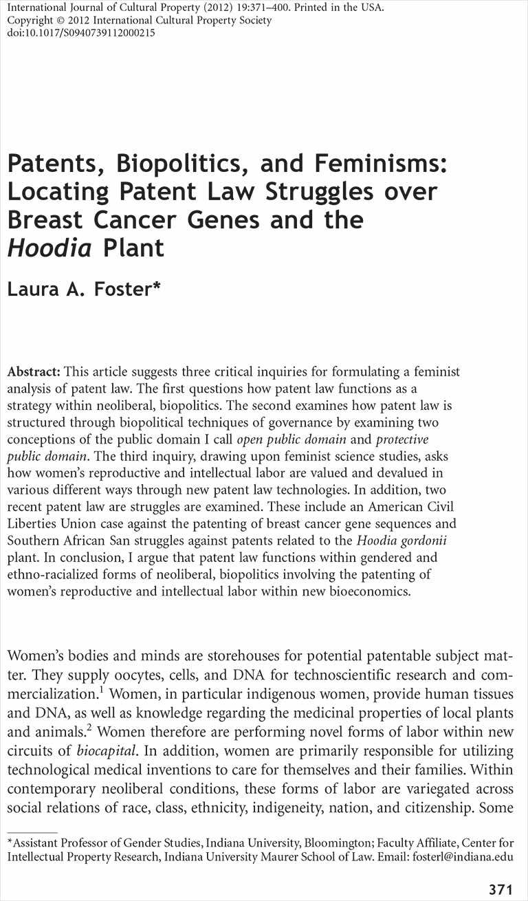 Patents, Biopolitics, and Feminisms: Locating Patent Law Struggles Over Breast Cancer Genes and the Hoodia Plant [Article]